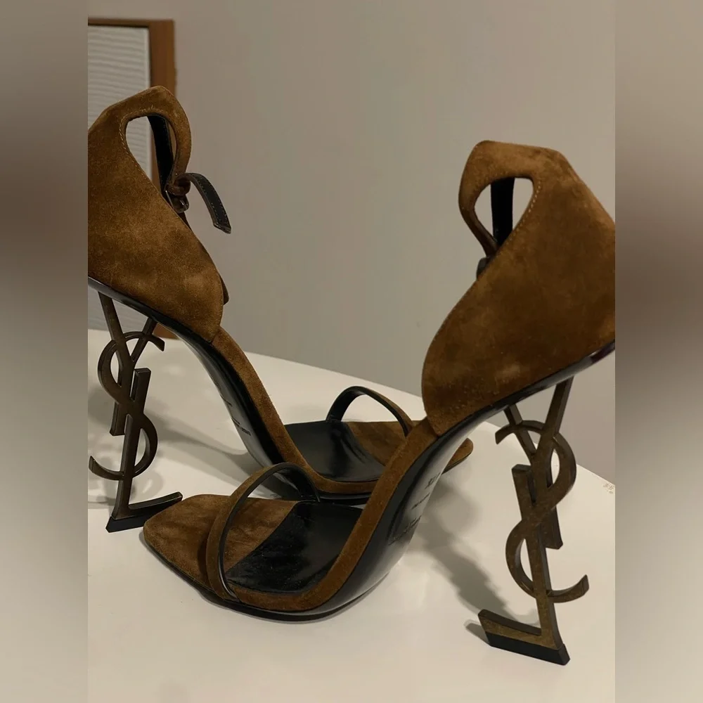 Saint Laurent Opyum Suede Logo Heel Sandals Brown 41.5 YSL Monogram Bronze - Picture 2 of 7